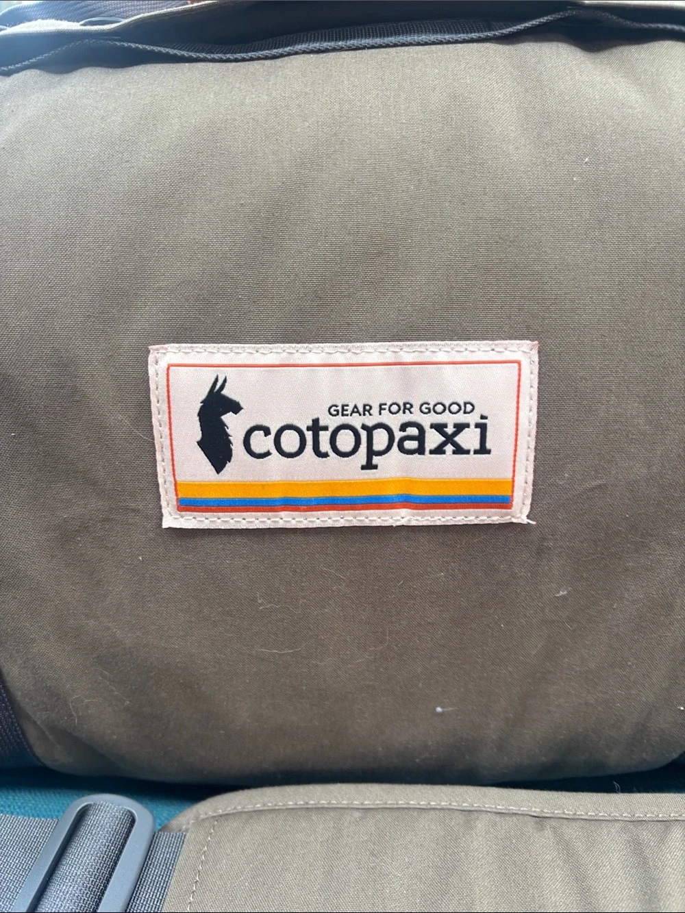 cotopaxi Olive Brown Canvas Duffel Bag with Gray Straps